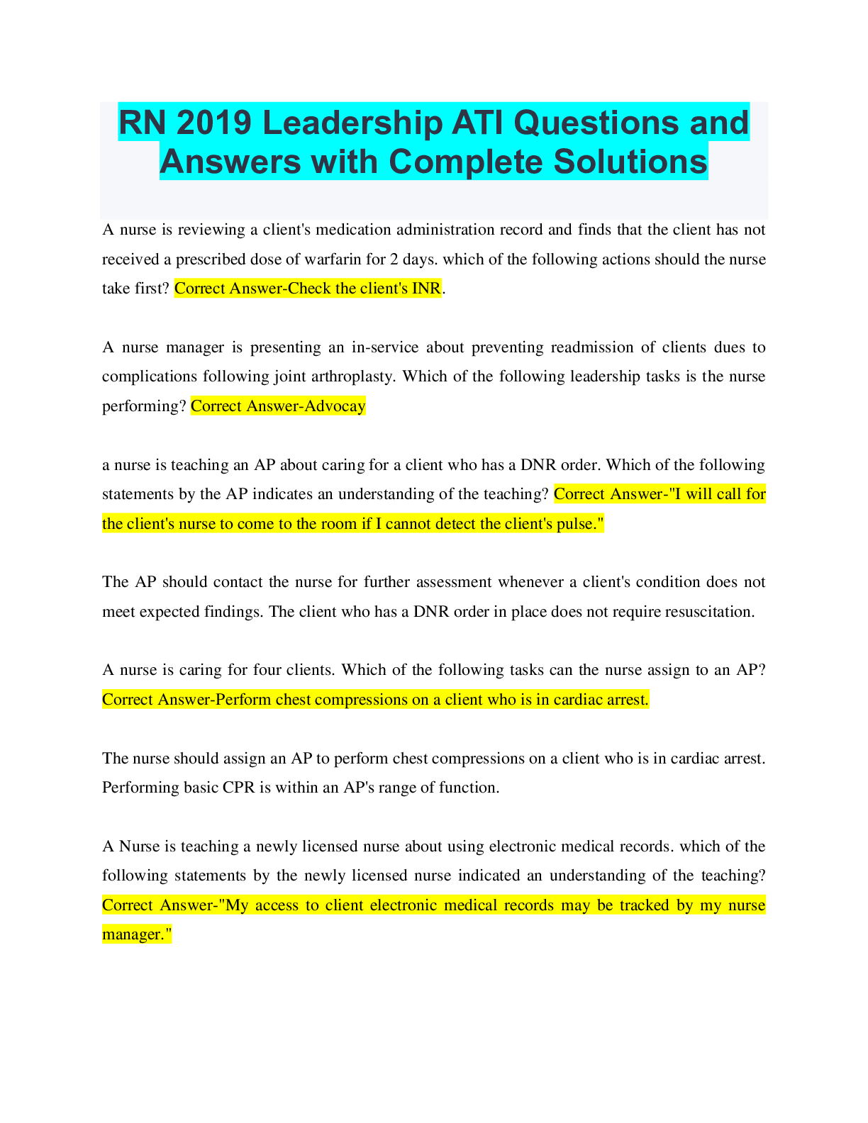Preview of RN 2019 Leadership ATI Questions and Answers with Complete Solutions
